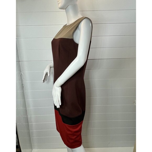 AKRIS PUNTO Sz US 8 Tan Maroon Red Sheath Dress Viscose Wool Blend Art To Wear - Picture 11 of 14